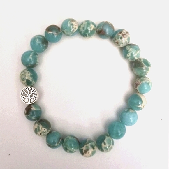 Hand Crafted Jewelry - Handcrafted Natural Sea Imperial Jasper Beaded Bracelet with Tree of Lif…